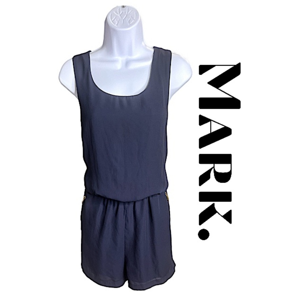 mark. Navy Blue Chiffon Romper w/ Tie Back Waist & Pockets Size L GUC